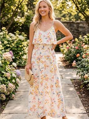 LC Lauren Conrad Floral Print Maxi Dress Size M Spaghetti Strap Ruffle Detail